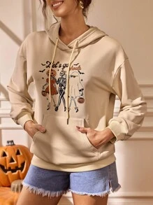 Glamance Lemon Design 女式字母和骷髅印花长袖抽绳连帽休闲运动衫万圣节运动衫图案连帽衫女式秋季服装女式万圣节连帽衫图案运动衫外出秋冬 - 杏色 - 查看 5