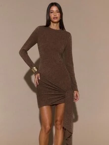 SHEIN BAE Women Dark Brown Autumn Elegant Night Out Faux Cashmere Off-Shoulder Asymmetric Fitted Long Sleeve Dress,Christmas Party Holiday New Year Eve Clothes - Brown - View 6