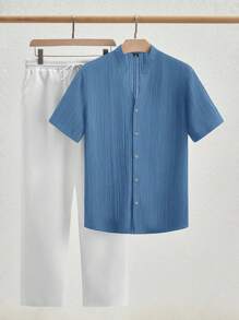 Manfinity NXTstreet 2pcs Men's Casual V-Neck & Stand Collar Short Sleeve Woven Shirt & Pants Set, Cozy Outfits - Blue - View 7
