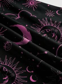 ROMWE Goth 哥特式复古神秘星月印花露肩喇叭袖网眼连衣裙，万圣节 - 粉色 - 查看 4