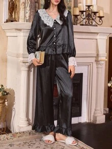 Côtesoire 法式宫廷风女士黑色缎面撞色蕾丝睡衣套装，秋季服装 - 黑色 - 查看 5