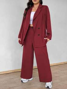 Vionelle Bộ đồ vest thường ngày tay dài cài hai hàng khuy màu trơn cho nữ cỡ lớn - Màu Đỏ Sâu - Xem 5