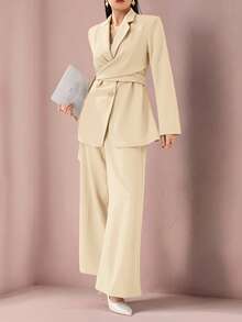 Heiryn Women's Elegant Solid Color Blazer And Pants Suit, Office Wear,Fall - Apricot - View 1