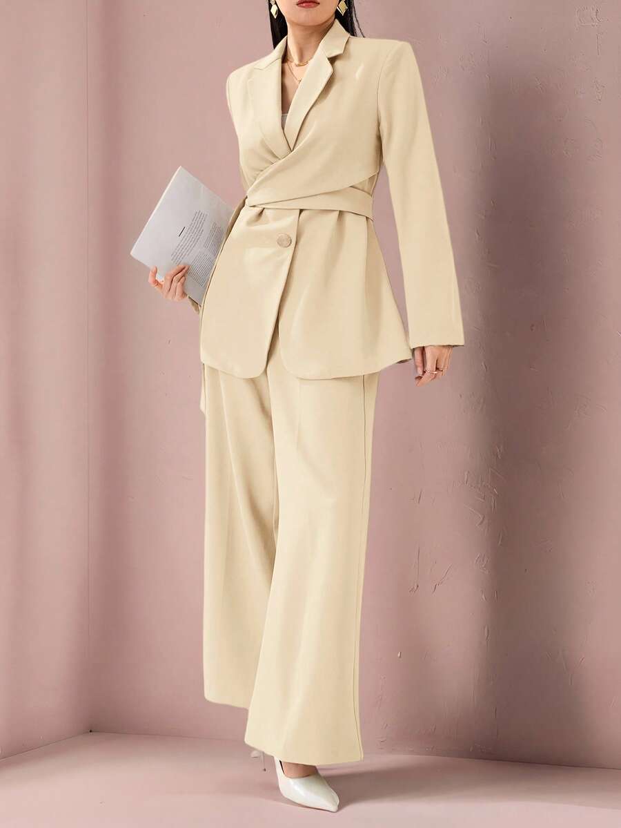 Heiryn Women's Elegant Solid Color Blazer And Pants Suit, Office Wear,Fall - Apricot - View 1