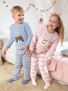 2pcs Young Boy Blue Cartoon Dog Embroidered Fleece Pajama Set,Winter Kids Plush Loungewear,Autumn,Family Matching Sleepwear For Kids Fall - Blue - View 7