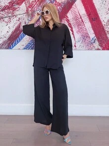 2 件套女士混合侧开叉宽松衬衫和高腰阔腿裤优雅商务休闲女士 - 藏蓝色 - 查看 5