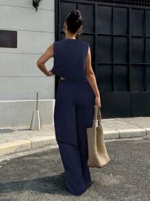 Muchica Bộ quần áo và áo thun rộng rãi cổ tròn màu xanh navy cho nữ - Màu xanh hải quân - Xem 2