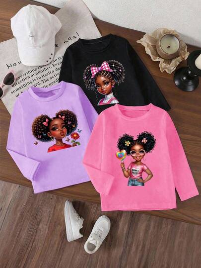 3pcs Young Girls Casual Fashion Cute Cartoon Print Crew Neck Long Sleeve T-Shirt Set, Stylish Street Style Adorable Daily Casual Party Outfit, Spring/Autumn