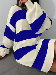 Cloudara Two Tone Drop Shoulder Sweater Dress - Blue - View 5