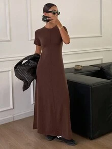 DAZY Váy len dệt kim cổ tròn tay ngắn công sở mùa thu mới cho nữ Váy len nữ - Xám - Xem 6
