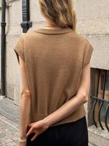 Elyressa Áo len chui đầu cổ tròn không tay màu trơn thường ngày dành cho nữ - màu nâu - Xem 2