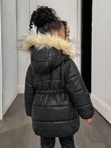 Chaqueta con capucha forrada térmicamente de color negro casual y versátil para bebés niñas, cálida para otoño/invierno - Negro - Ver 2