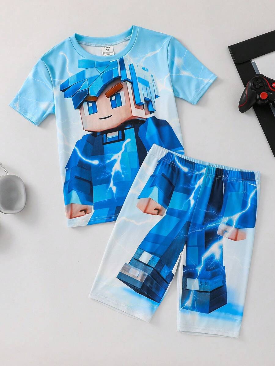 SHEIN 2pcs Kids/Tween Boys Casual Everyday Versatile Comfortable Printed Pattern Crew Neck Loose Pullover Short Sleeve Top And Shorts Knit Tight Fit Pajama Set Boys Sleepwear Boys Pajamas Set Boy Pajama Shorts Sets Snug Fit - Multicolor - View 1