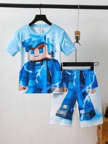 SHEIN 2pcs Kids/Tween Boys Casual Everyday Versatile Comfortable Printed Pattern Crew Neck Loose Pullover Short Sleeve Top And Shorts Knit Tight Fit Pajama Set Boys Sleepwear Boys Pajamas Set Boy Pajama Shorts Sets Snug Fit - Multicolor - View 3