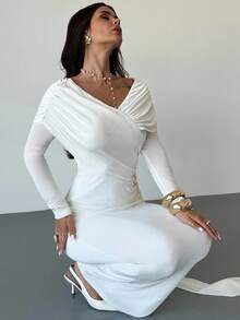 Firerie 女士休闲优雅金属装饰白色长袖连衣裙/派对礼服/新年礼服/优雅派对礼服/闪亮派对魅力礼服/约会礼服/缪斯礼服/女士秋季连衣裙/新年服装/婚礼宾客礼服/舞会礼服/女士奢华晚礼服 - 白色 - 查看 4