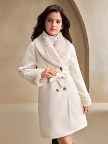 Tween Girl Coat Fall Clothes Fall Long Sleeve White Tween Girl Solid Color Fur Collar Zip Up Double-Breasted Mid-Length Jacket - Apricot - View 5