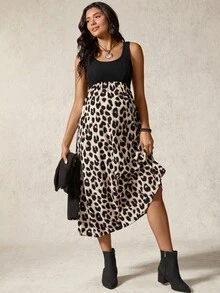 Boho Mama 2pcs Maternity Solid Color Vest Top & Sleeveless Patchwork Dress Set - Multicolor - View 4