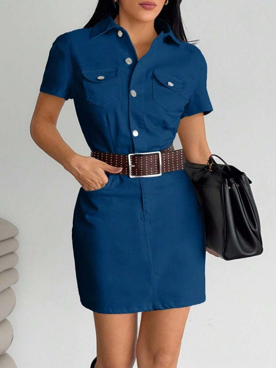 EURMUSE Mini Button And Belt Detailed Denim Dress - Dark Wash - View 1