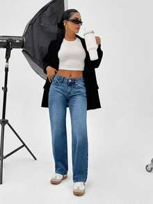 CasuGlow 100% Cotton LOW RISE  STRAIGHT FIT VINTAGE WASH Y2K STYLE JEAN - Blue - View 4