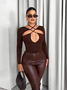 Sirith Women's Solid Color Criss-Cross Cutout Fitted T-Shirt Fall Cloth For Women - Brown - View 5