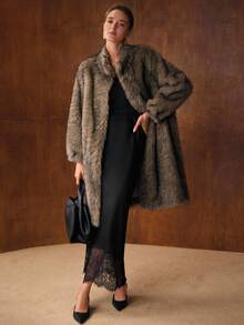 MOTF PREMIUM 中长款宽松仿皮草大衣，秋冬 - 摩卡棕 - 查看 4