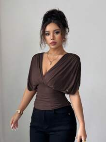 Elenzga Áo thun nữ xuân/hè chất liệu lưới co giãn, lót lưới, thanh lịch, đi biển, thường ngày, kiểu Pháp lãng mạn, xếp ly chéo, tay lỡ, eo nhún bèo, viền nhún bèo - Cà phê nâu - Xem 7
