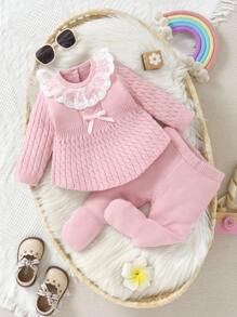 SHEIN 2pcs Baby Girls'  Casual Cute Sweater Dress And Knit Leggings Set, Featuring Twisted Cord, Lace Trim, Bow Details, Soft Knit, Suitable For Daily, Outdoor, Travel, Holiday, Home, Daycare And Playtime Occasions - Pink - View 1