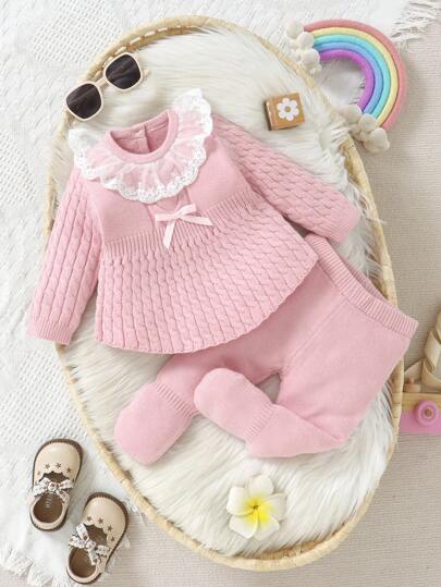 SHEIN 2st Baby Girls Casual söt tröja klänning och stickade Leggings Set, med snodd snodd, spetskant, rosettdetaljer, mjuk stickad, Lämplig för dagligt, utomhus, resor, semester, hem, dagis och lektillfällen