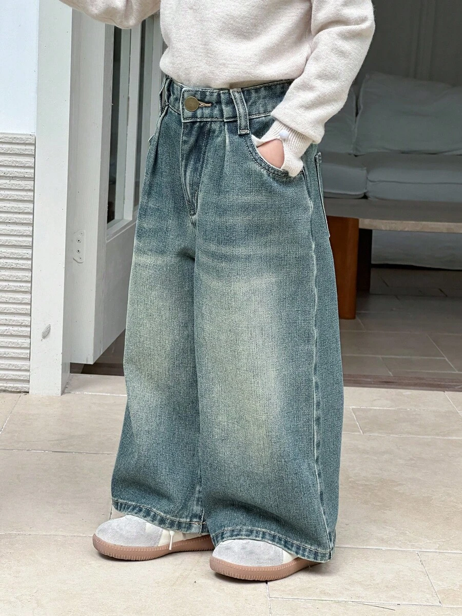 DAZY 年轻女孩街头休闲韩版水洗宽松阔腿长款牛仔裤 - 藍色 - 查看 1