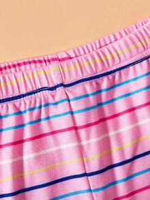 Paul Frank X SHEIN 2 件套少女条纹印花圆领长袖上衣和裤子休闲舒适睡衣套装 - 粉色 - 查看 6