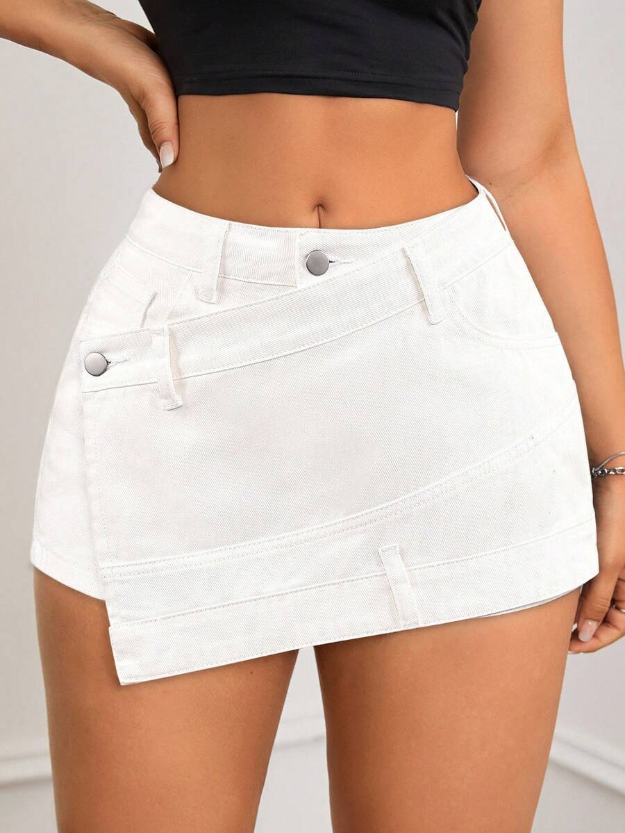 SHEIN ICON Women's Solid Color Casual Denim Skort