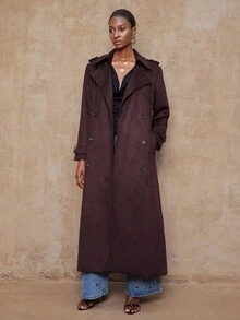 Lumalex VITNOS 新款秋冬休闲通勤优雅女士纯色长袖双排扣设计收腰长款风衣，适合秋季、夜间外出、派对、约会、乡村、返校节、休闲、假日度假等场合。 - 巧克力棕 - 查看 5