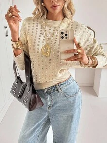 Siren Gaze كنزة صوفية بأكمام طويلة وياقة طاقم مزينة بالترتر للنساء - لون مشمشي - مشاهدة 1