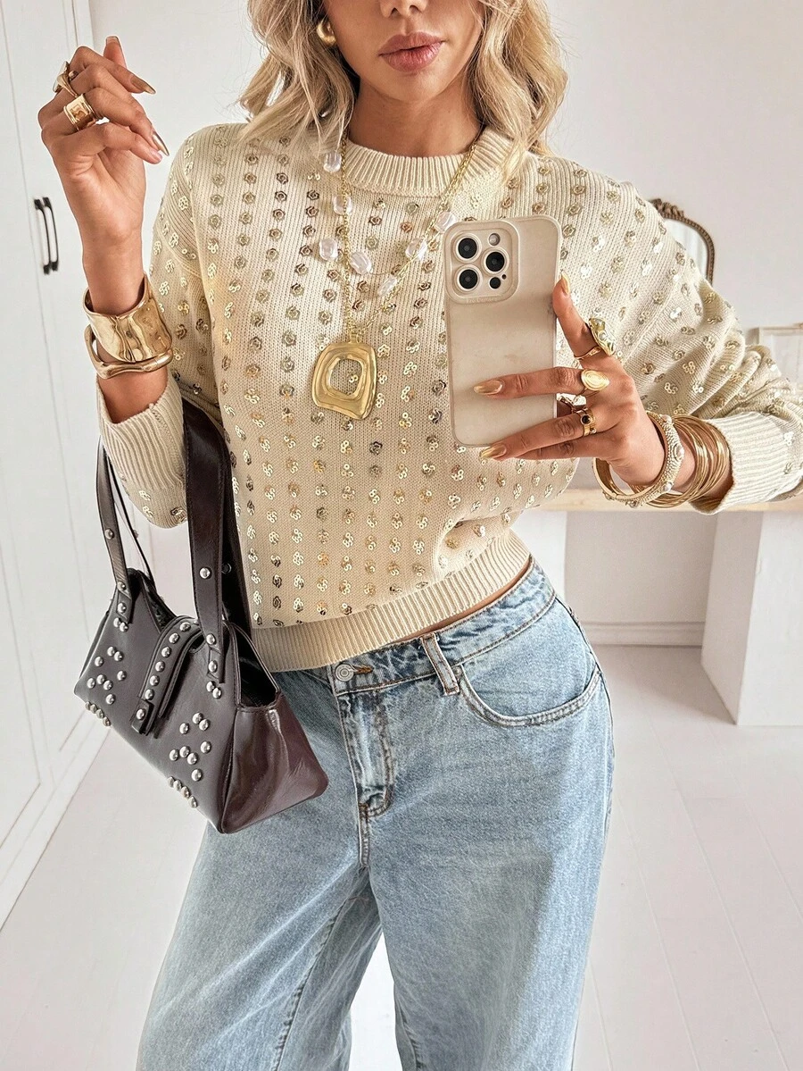 Siren Gaze كنزة صوفية بأكمام طويلة وياقة طاقم مزينة بالترتر للنساء - لون مشمشي - مشاهدة 1