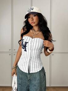 StreetHx Women's Street Style Vertical Striped Letter Print Bandeau Top