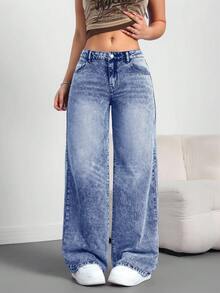 SHEIN Tall Quần Jeans Nữ Quần Ống Rộng Rộng Thường Ngày Quần Jeans Nữ Cao Quần Đen Quần Jeans Cạp Thấp Quần Jeans Cạp Thấp Quần Baggy Quần Nữ Quần Nữ Cao - Rửa nhẹ - Xem 8