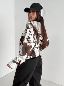 Aidyla 女士秋季牛奶动物印花长袖拉链连帽卫衣，韩版休闲外套，棕色 - 彩色 - 查看 5