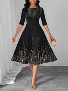 SHEIN Lady 女式闪亮印花圆领七分袖优雅中长连衣裙