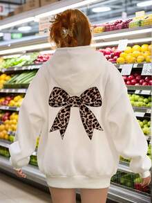 SHEIN Sudadera holgada con forro térmico, con acento de lazo con estampado de leopardo y diseño gráfico en la espalda, para adolescentes, otoño/invierno - Blanco - Ver 6