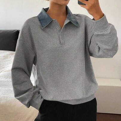 여성용 턴다운 칼라 긴팔 루즈핏 캐주얼 스웨트셔츠
