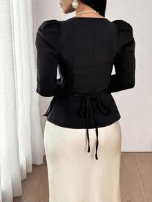 SHEIN Lady Women's Elegant Commuter Urban Puff Sleeves Sweetheart Collar Metal Trim Buckle Cinched Waist Tie Embellished Bow A Hem Blazer Solid Color To Wear In All Seasons Teacher Outfits For Women Business Casual Woman Office Outfits For Women Going Out Tops Western Wear Women In Fall/Winter - Black - View 7