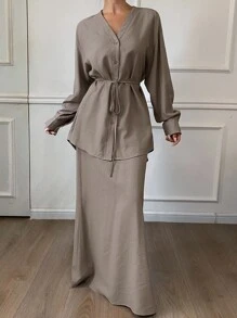Livesso 2件套女士宽松休闲纯色慵懒套装，秋冬女士家居服套装 - 卡其色 - 查看 1