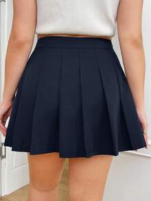 CovetEZ Plus Size Women Solid Color Pleated Short A-Line Skirt, Casual School Style,Fall Clothes For Women Navy Skirt Pleated Skirt