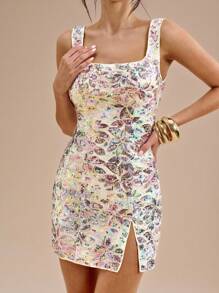 SHEIN BAE 优雅亮片花卉细肩带迷你连衣裙，缀饰花卉吊带裙，适合度假、音乐节、生日、早午餐、婚礼宾客装束、伴娘、秋冬 - 彩色 - 查看 7