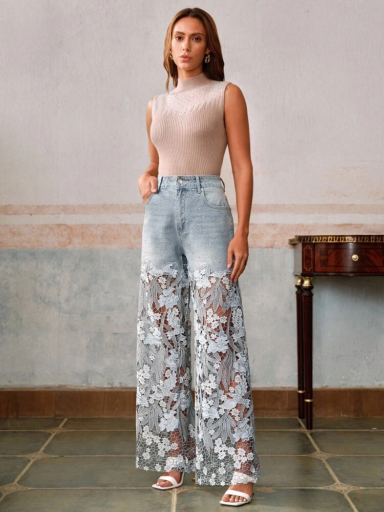 Women's Fashion Lace Rhinestone Straight Leg Pants