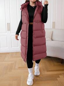 EURMUSE Plus Size Long Hooded Black Winter Vest Jacket - Dusty Pink - View 4