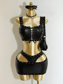 Mistrie 女士新款无袖性感方领吊带背心裙，饰有铆钉刺绣设计，低腰露肩迷你蓬蓬裙，搭配PU皮革套装，朋克风街头服饰，万圣节节日女装套装。 - 黑色 - 查看 3