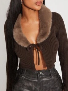 Radiana Cardigan feminino de malha curta com amarração na frente, cor sólida, gola de pele, manga comprida, suéter marrom com gola de pele, blusa marrom de manga comprida para outono/inverno