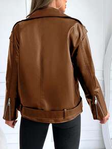 RueChic Zip Up Belted PU Leather Moto Jacket - Brown - View 2