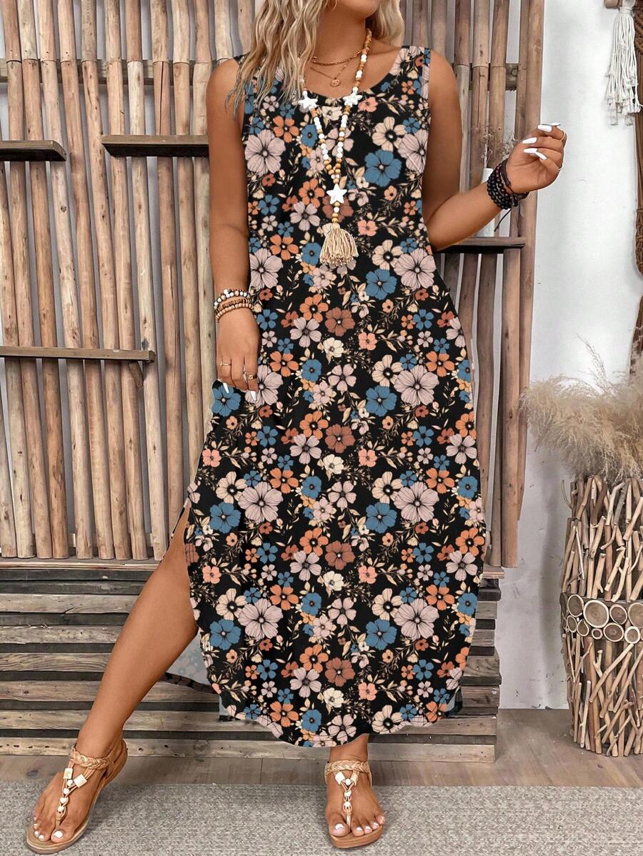 EMERY ROSE Plus Size Sleeveless Round Neck Simple Fashionable Dress, Suitable For Summer - Multicolor - View 1